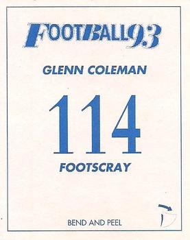 1993 Select AFL Stickers #114 Glenn Coleman Back